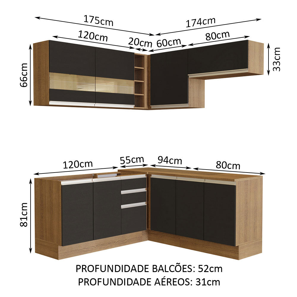 Armário de Cozinha Completa de Canto 349cm Rustic/Preto Glamy Madesa 01