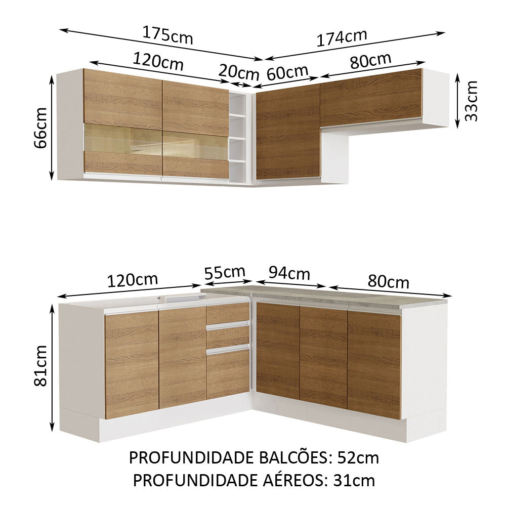 Armário de Cozinha Completa de Canto 349cm Branco/Rustic Glamy Madesa 01