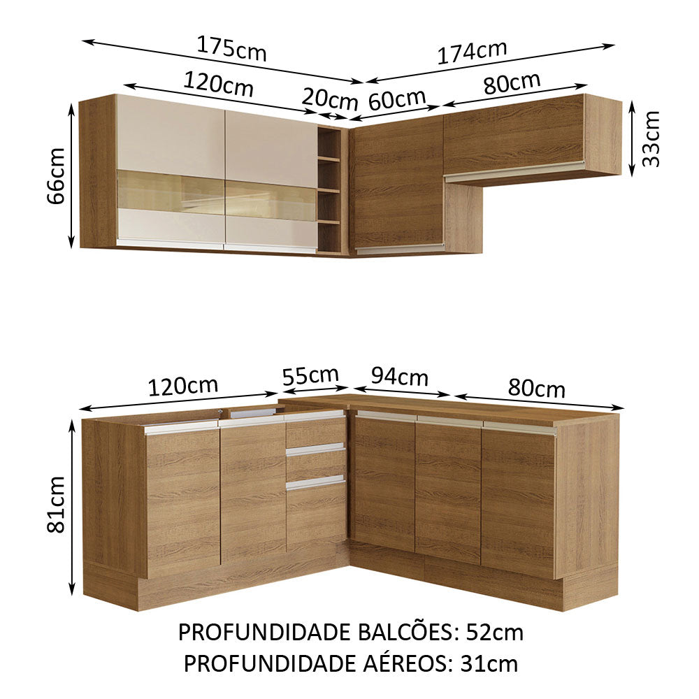 Armário de Cozinha Completa de Canto 349cm Rustic/Rustic/Crema Glamy Madesa 01