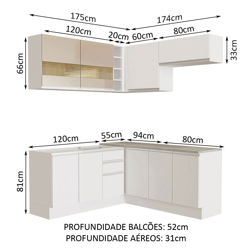 Armário de Cozinha Completa de Canto 349cm Branco/Branco/Crema Glamy Madesa 01