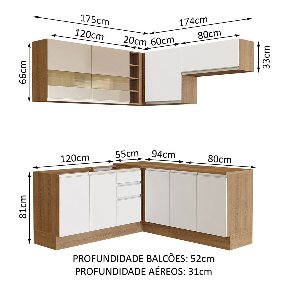 Armário de Cozinha Completa de Canto 349cm Rustic/Branco/Crema Glamy Madesa 01