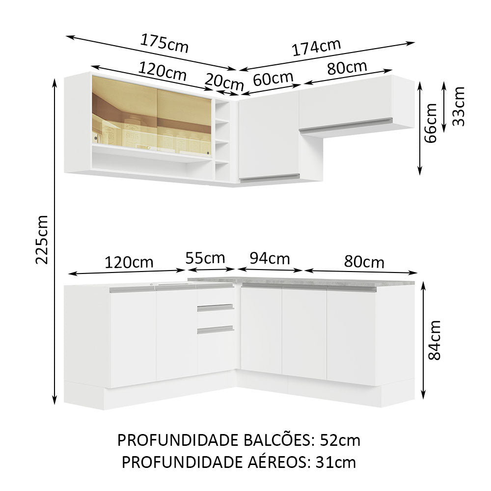 Armário de Cozinha Completa de Canto 349cm Branco Glamy Madesa 02