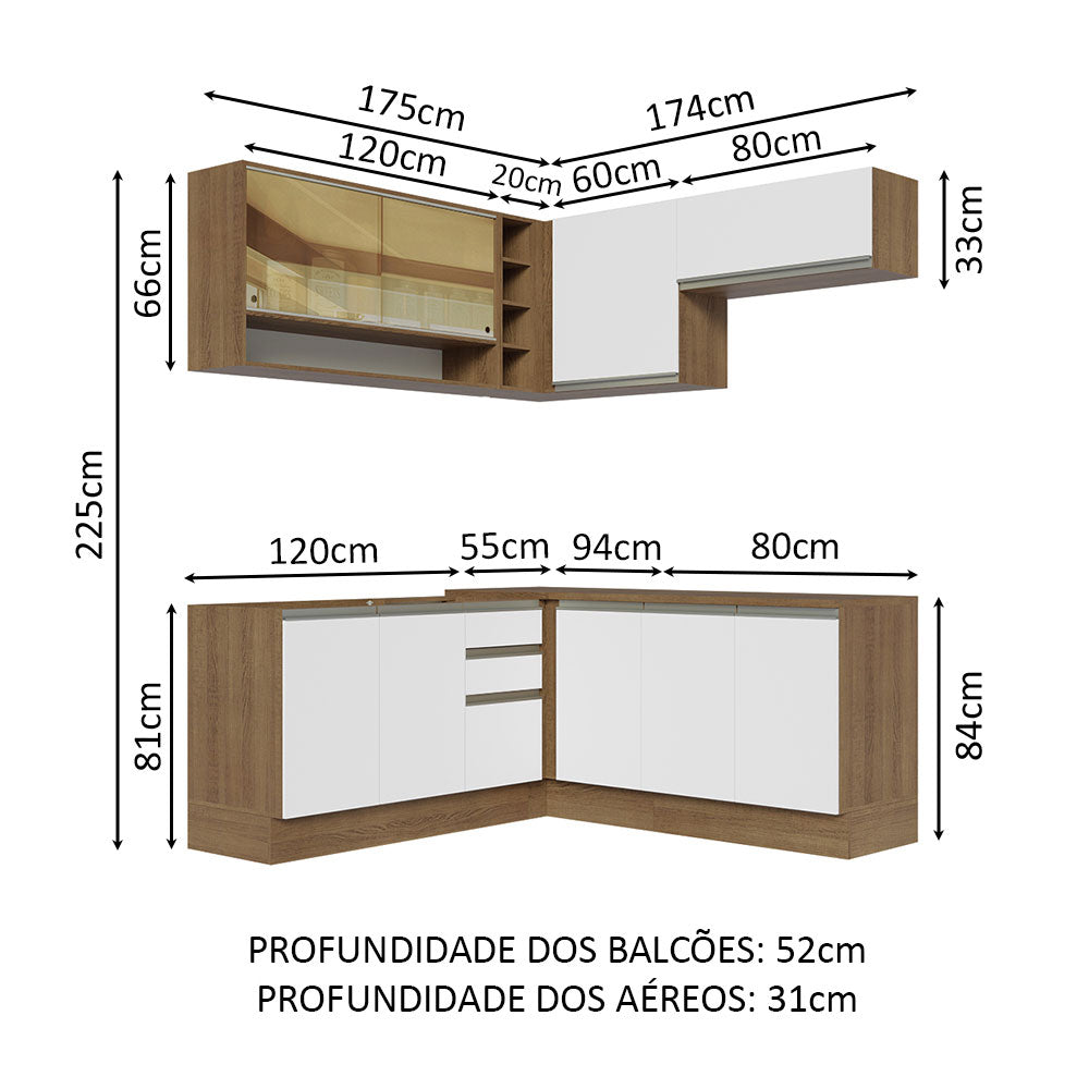 Armário de Cozinha Completa de Canto 349cm Rustic Branco Glamy Madesa 02