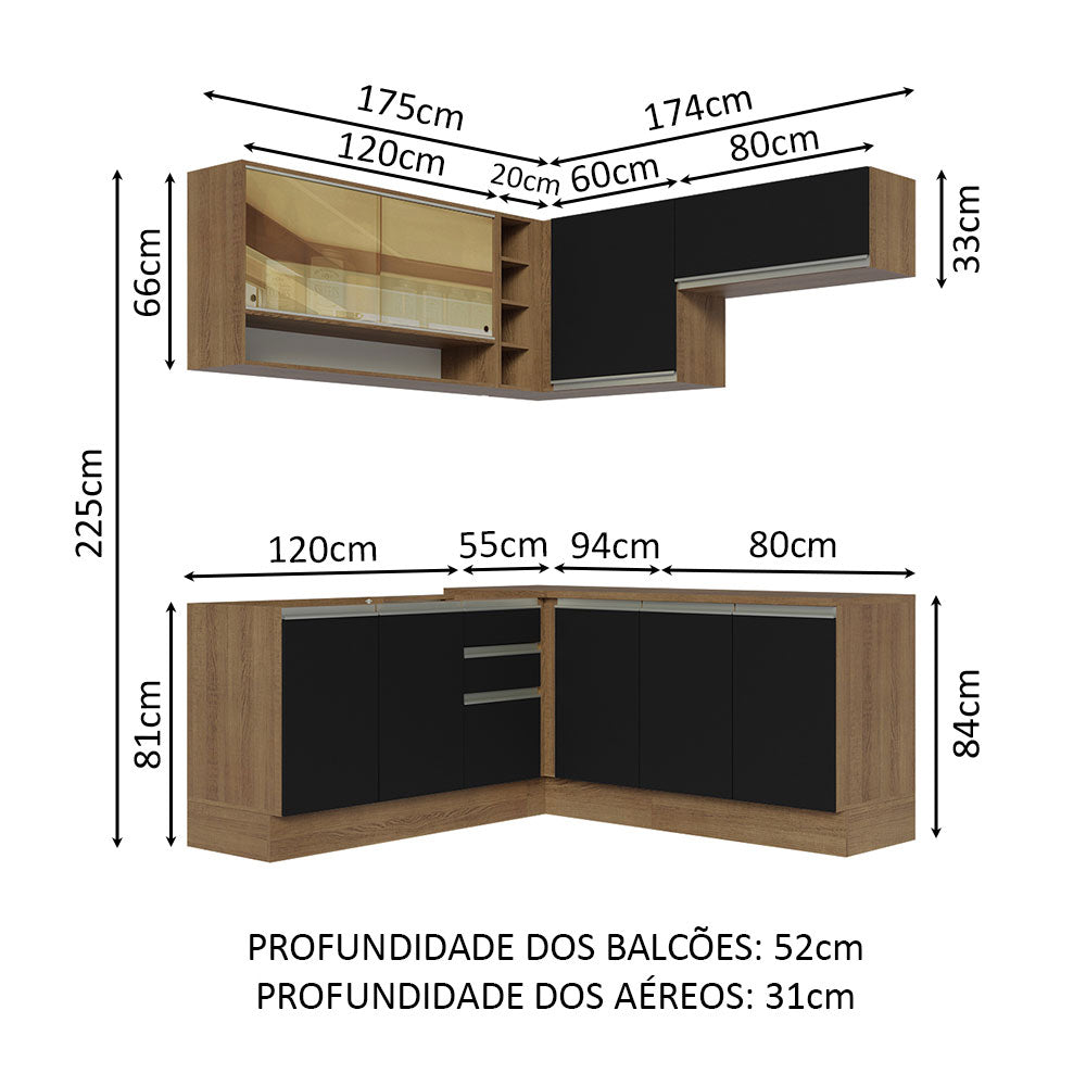 Armário de Cozinha Completa de Canto 349cm Rustic Preto Glamy Madesa 02