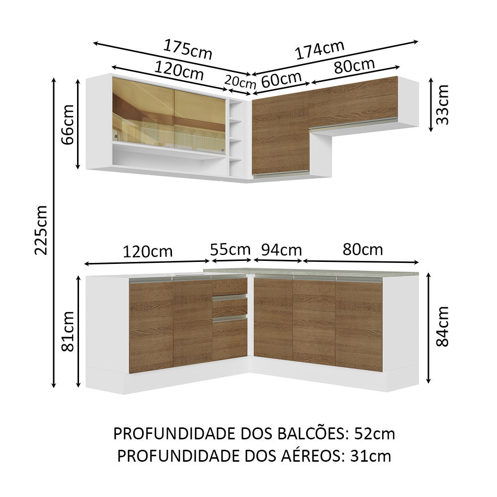 Armário de Cozinha Completa de Canto 349cm Branco Rustic Glamy Madesa 02