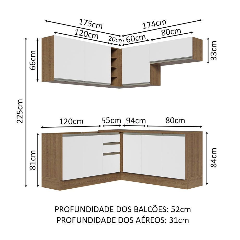 Armário de Cozinha Completa de Canto 349cm Rustic Branco Glamy Madesa 03