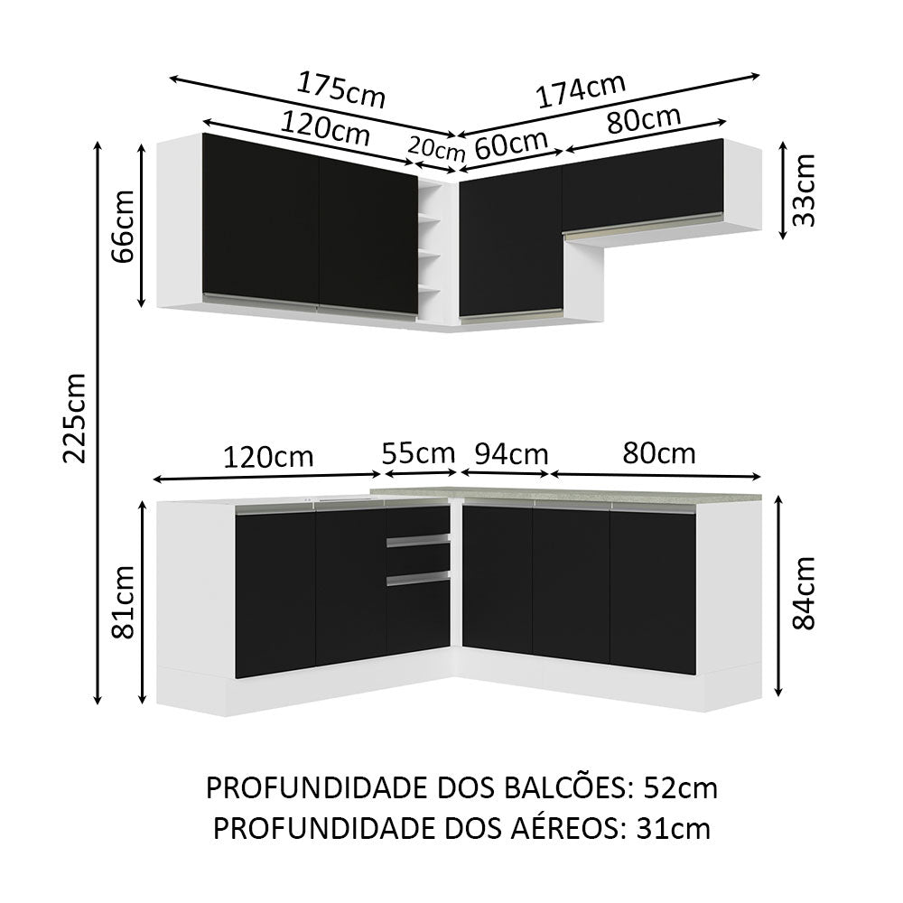 Armário de Cozinha Completa de Canto 349cm Branco Preto Glamy Madesa 03