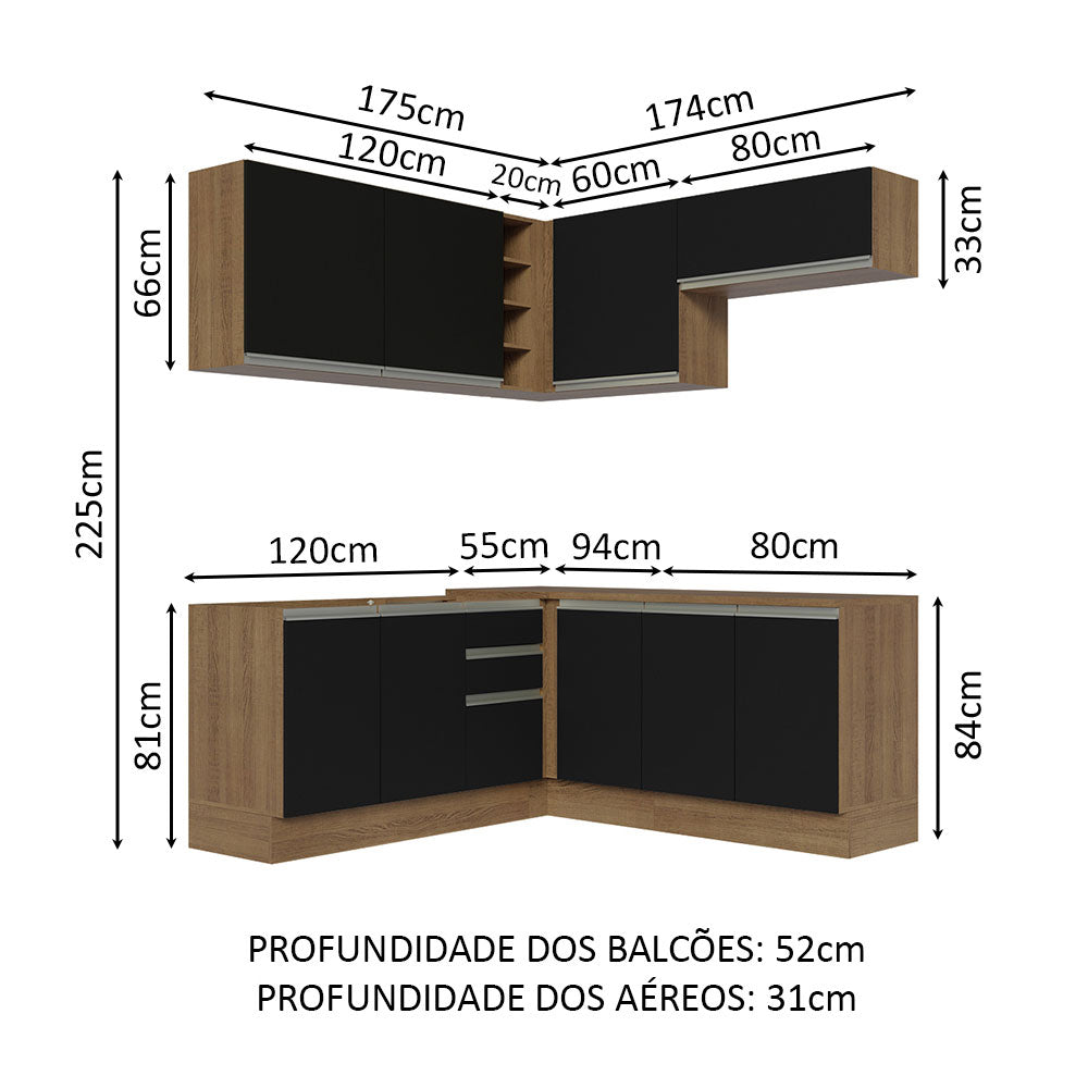 Armário de Cozinha Completa de Canto 349cm Rustic Preto Glamy Madesa 03