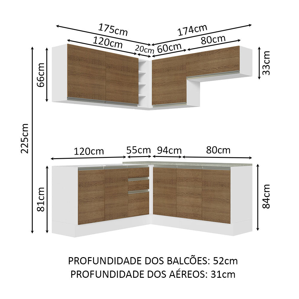 Armário de Cozinha Completa de Canto 349cm Branco Rustic Glamy Madesa 03