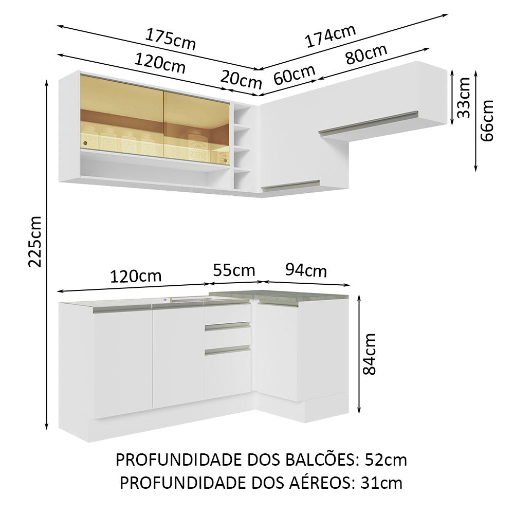 Armário de Cozinha Completa de Canto 349cm Branco Glamy Madesa 06
