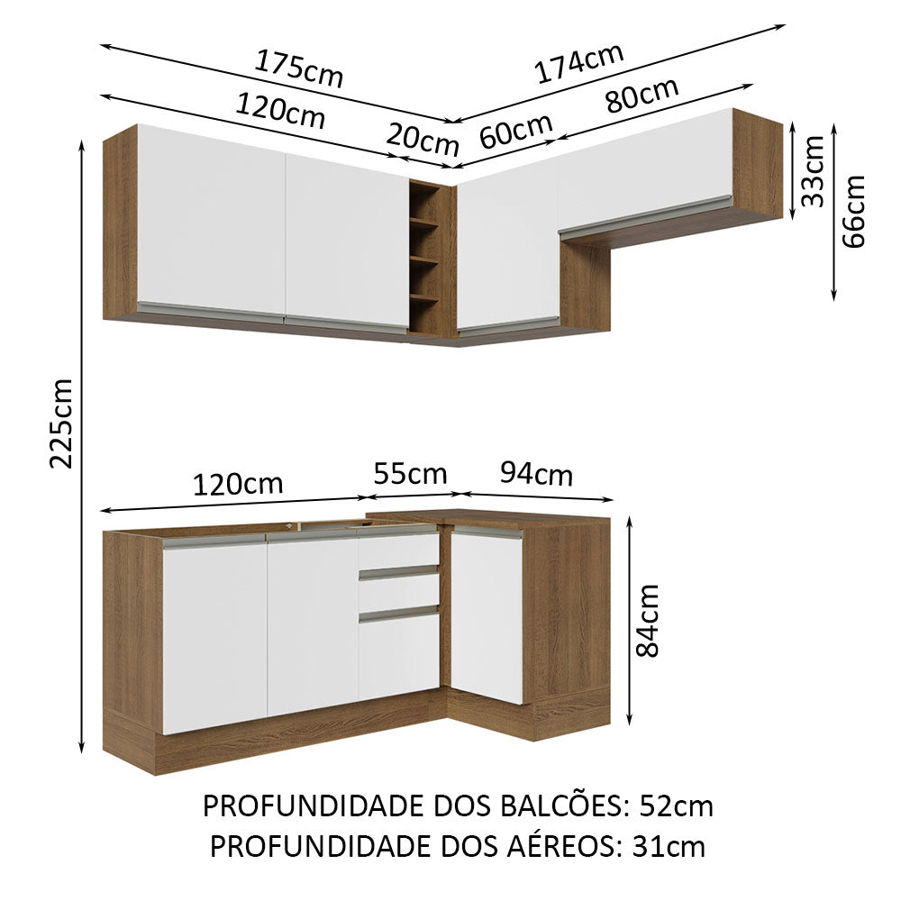 Armário de Cozinha Completa de Canto 349cm Rustic/Branco Glamy Madesa 07
