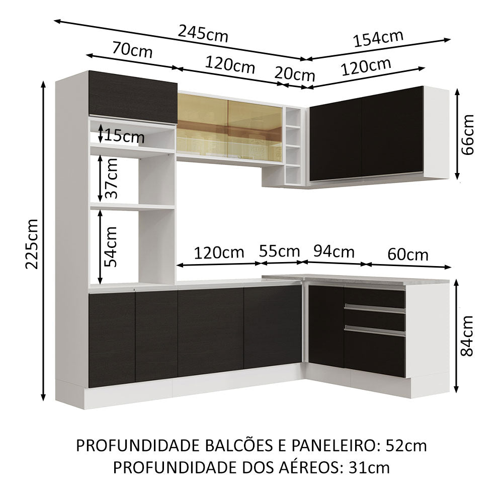 Armário de Cozinha Completa de Canto 399cm Branco Preto Glamy Madesa 02