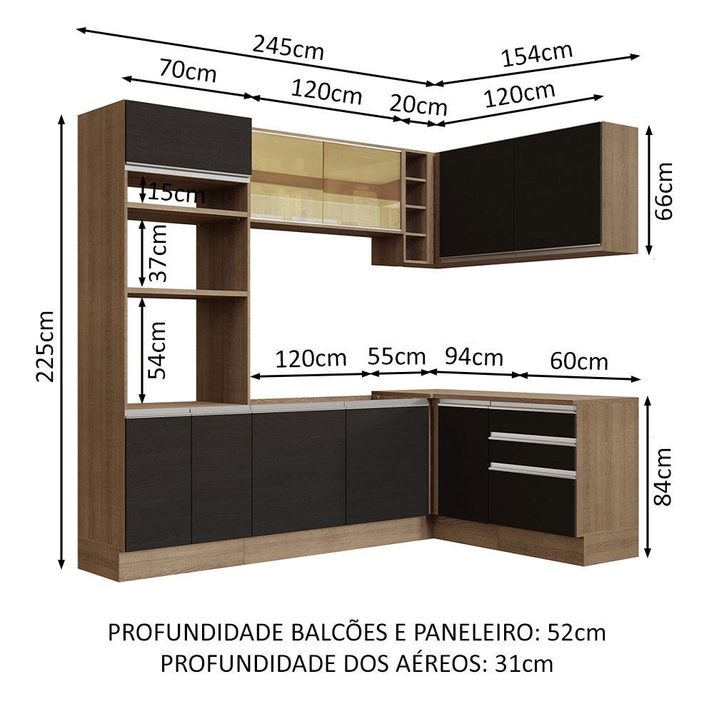 Armário de Cozinha Completa de Canto 399cm Rustic Preto Glamy Madesa 02