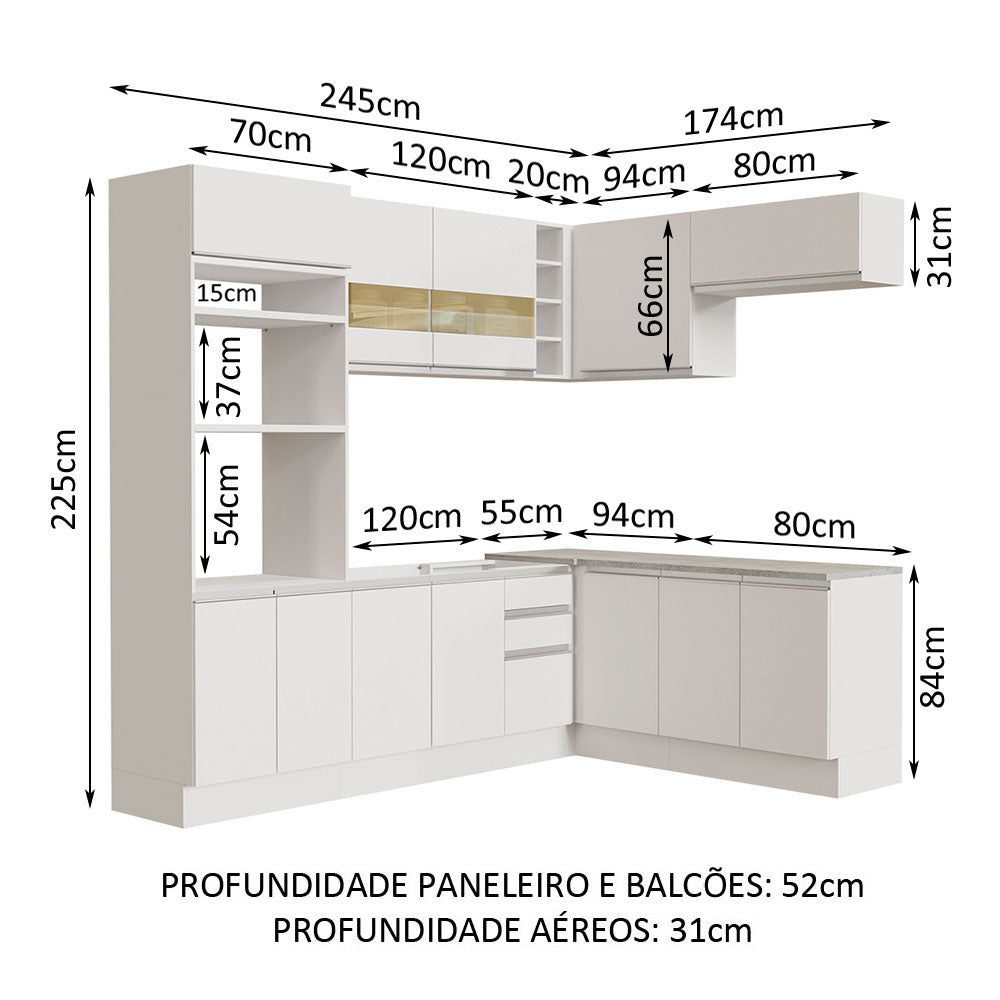 Armário de Cozinha Completa de Canto 419cm Branco Glamy Madesa 01