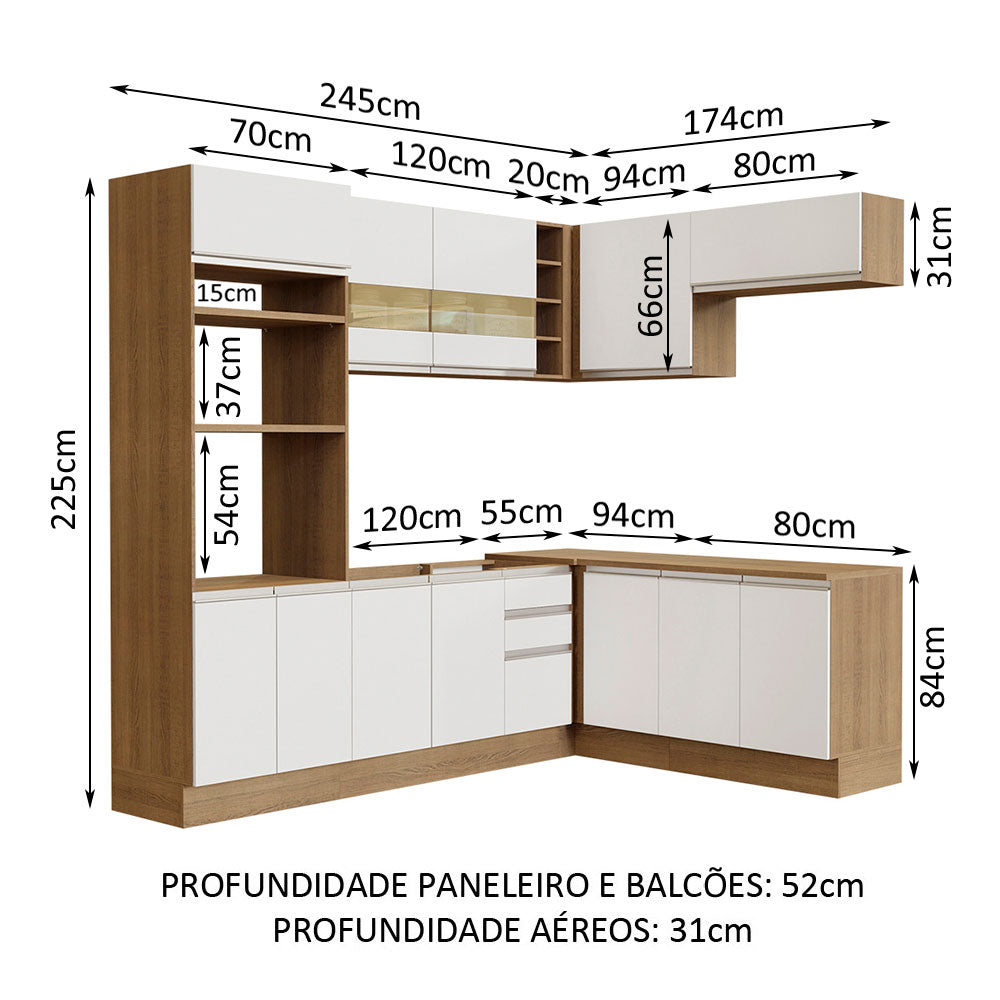 Armário de Cozinha Completa de Canto 419cm Rustic/Branco Glamy Madesa 01