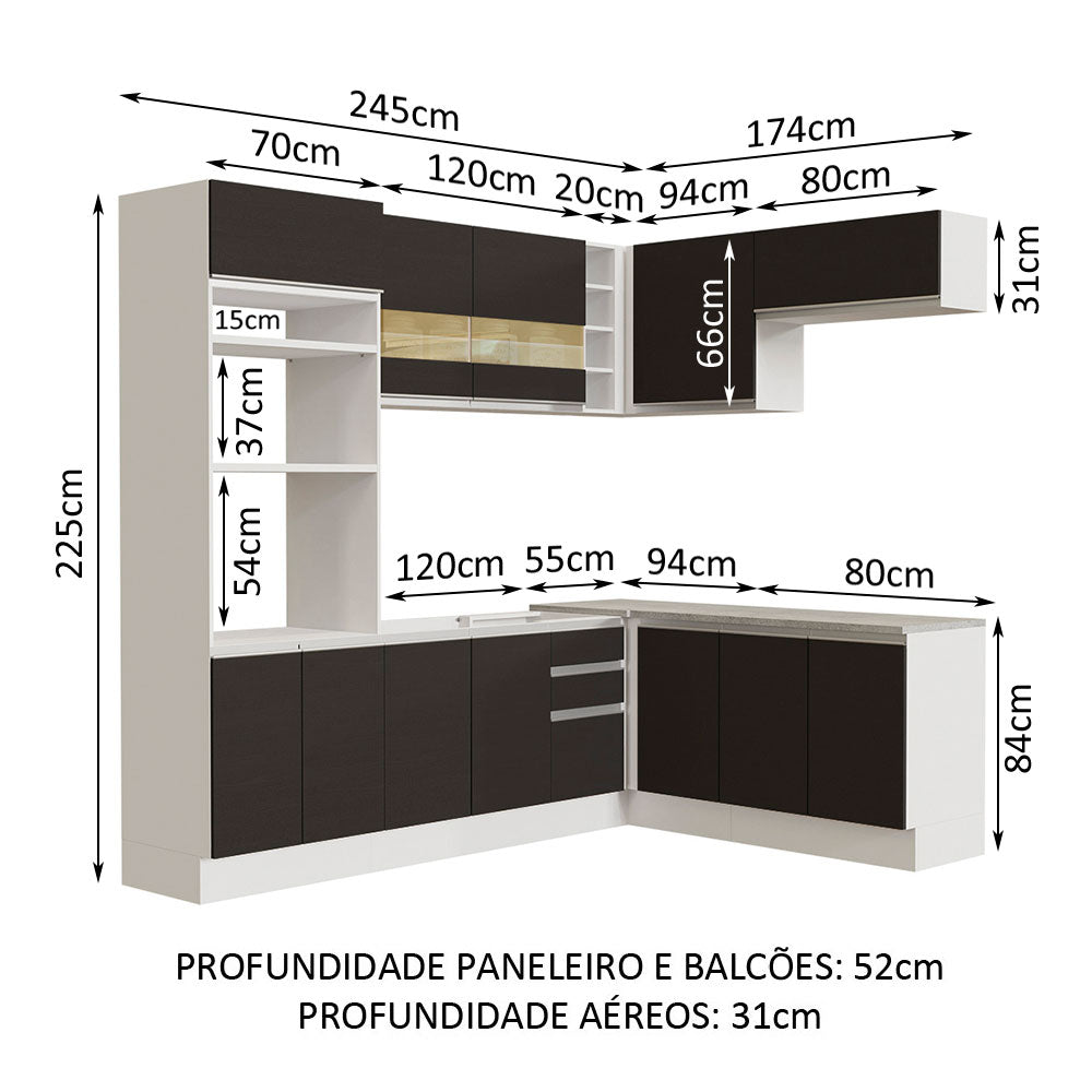 Armário de Cozinha Completa de Canto 419cm Branco/Preto Glamy Madesa 01