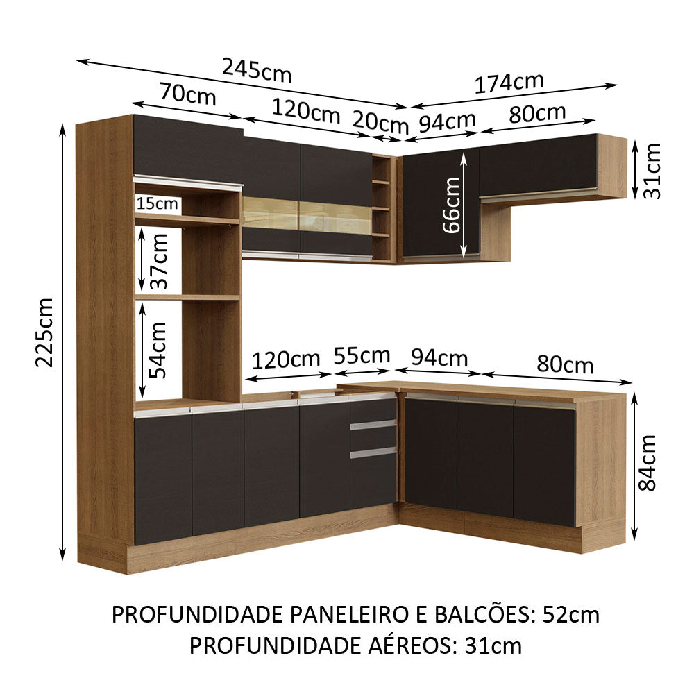 Armário de Cozinha Completa de Canto 419cm Rustic/Preto Glamy Madesa 01
