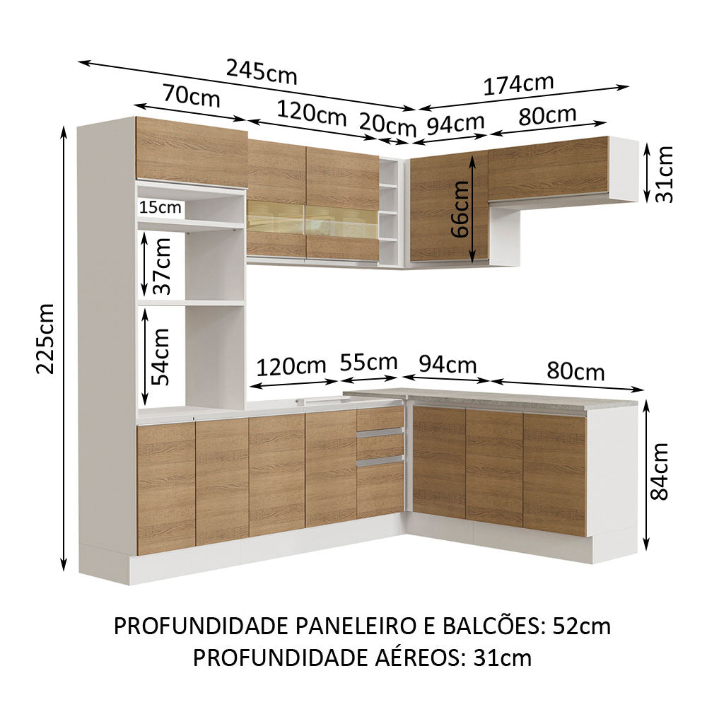 Armário de Cozinha Completa de Canto 419cm Branco/Rustic Glamy Madesa 01