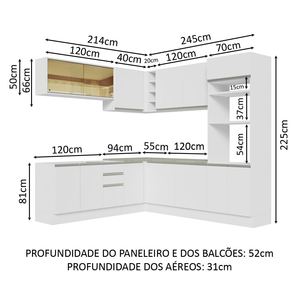 Armário de Cozinha Completa de Canto 459cm Branco Glamy Madesa 01