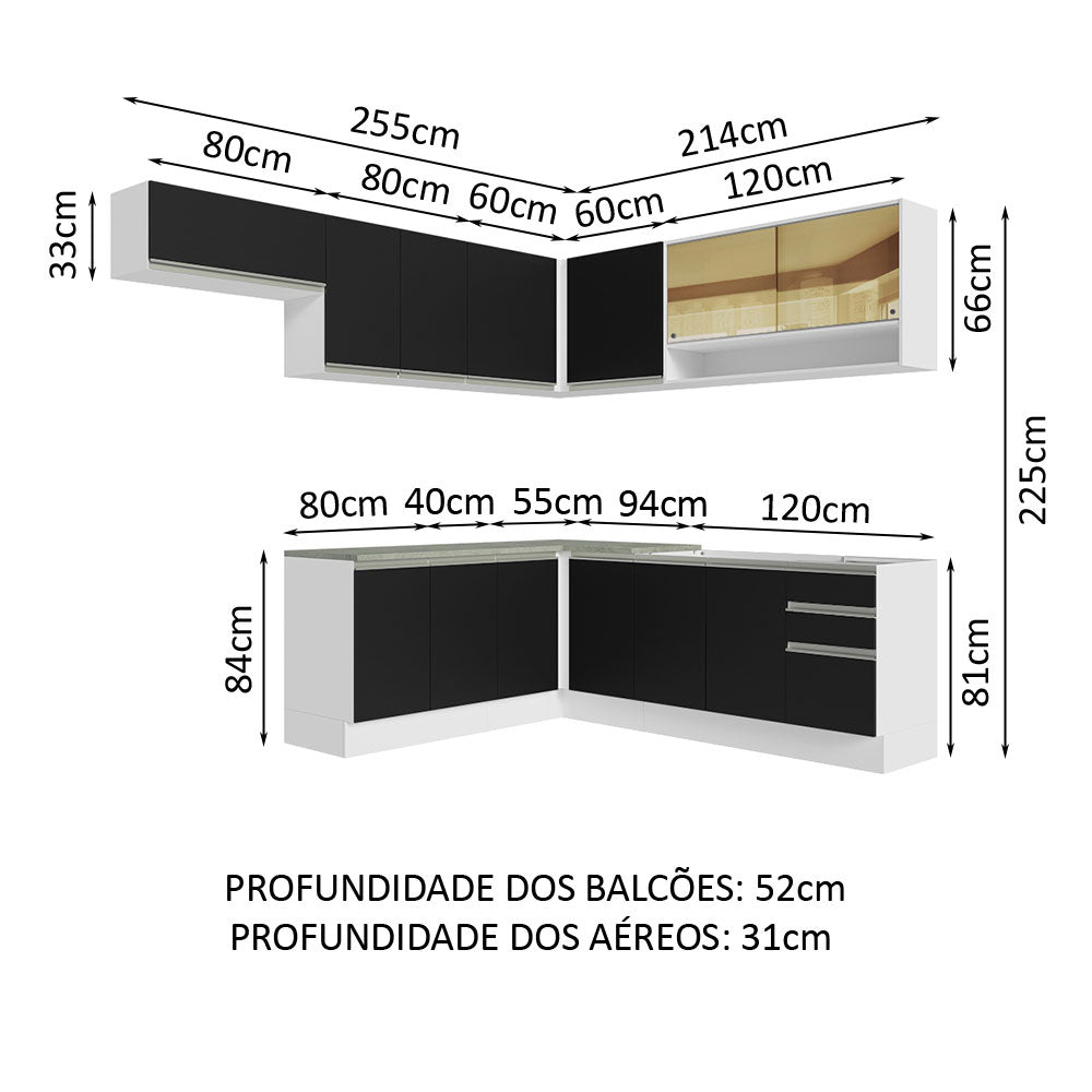 Armário de Cozinha Completa de Canto 469cm Branco/Preto Glamy Madesa 01