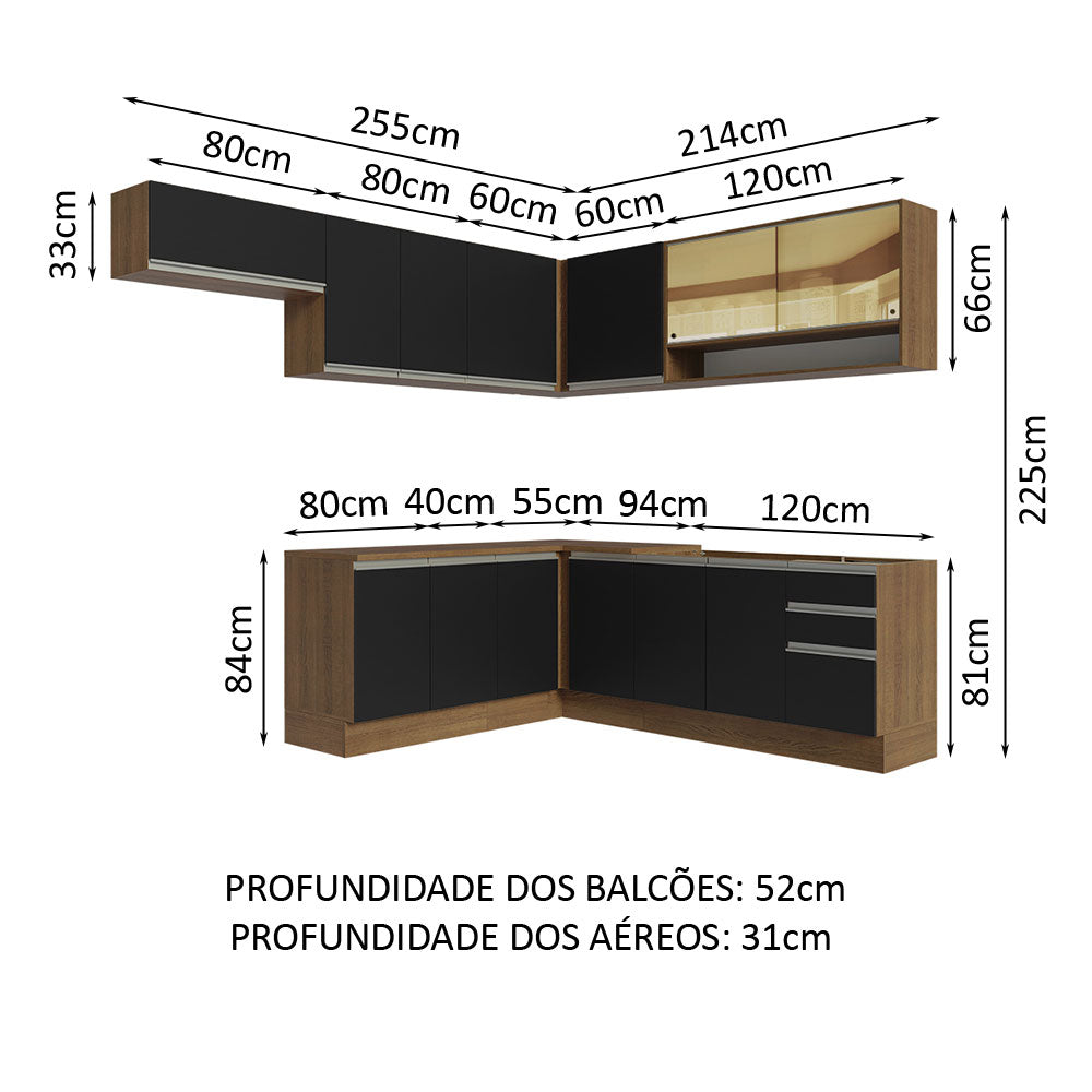 Armário de Cozinha Completa de Canto 469cm Rustic/Preto Glamy Madesa 01