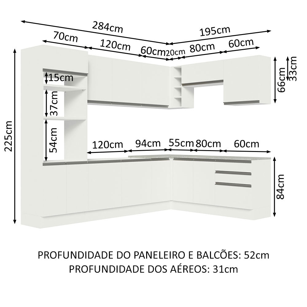 Armário de Cozinha Completa de Canto 479cm Branco Glamy Madesa 01