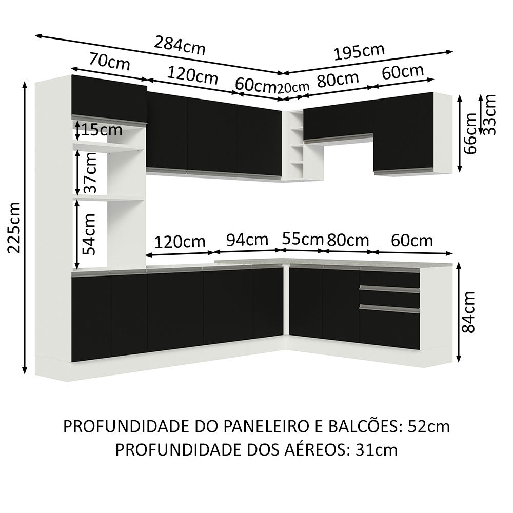 Armário de Cozinha Completa de Canto 479cm Branco Preto Glamy Madesa 01