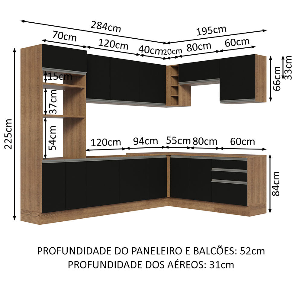 Armário de Cozinha Completa de Canto 479cm Rustic Preto Glamy Madesa 01