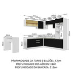 Armário de Cozinha Completa de Canto 504cm Branco/Preto Glamy Madesa 01