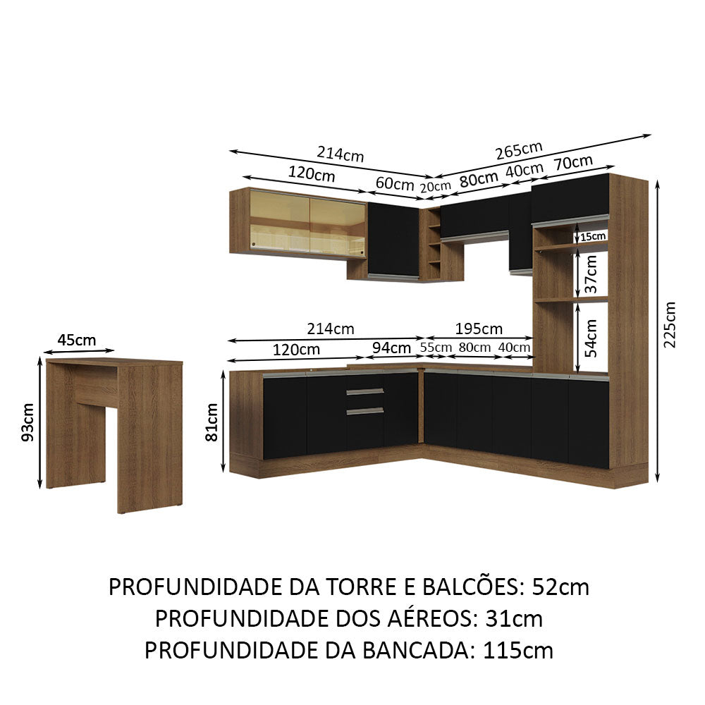 Armário de Cozinha Completa de Canto 504cm Rustic/Preto Glamy Madesa 01