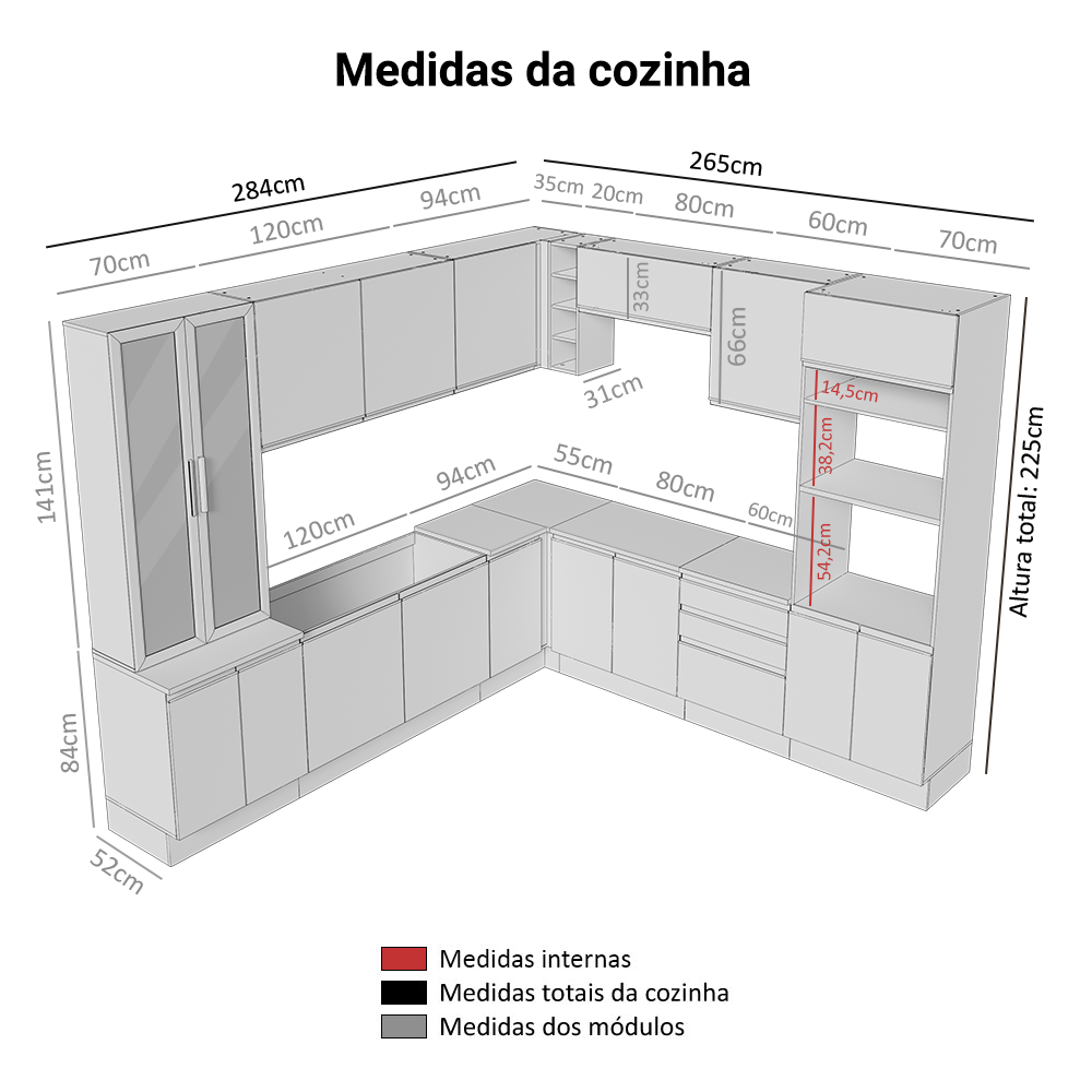 Armário de Cozinha Completa 549cm Rustic/Preto Glamy Madesa 01