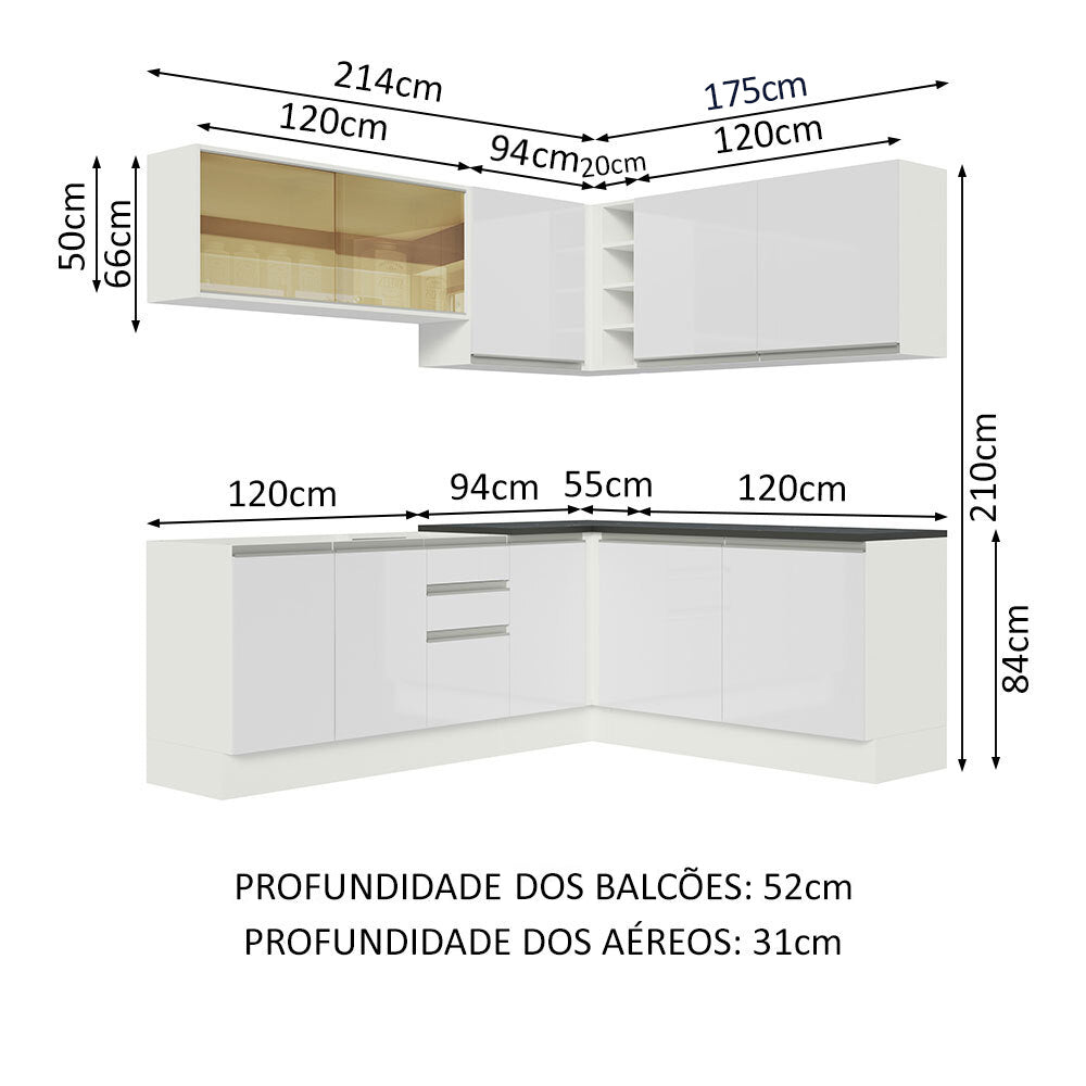 Armário de Cozinha Completa de Canto 100% MDF 389cm Frentes Branco Brilho Acordes Madesa 02