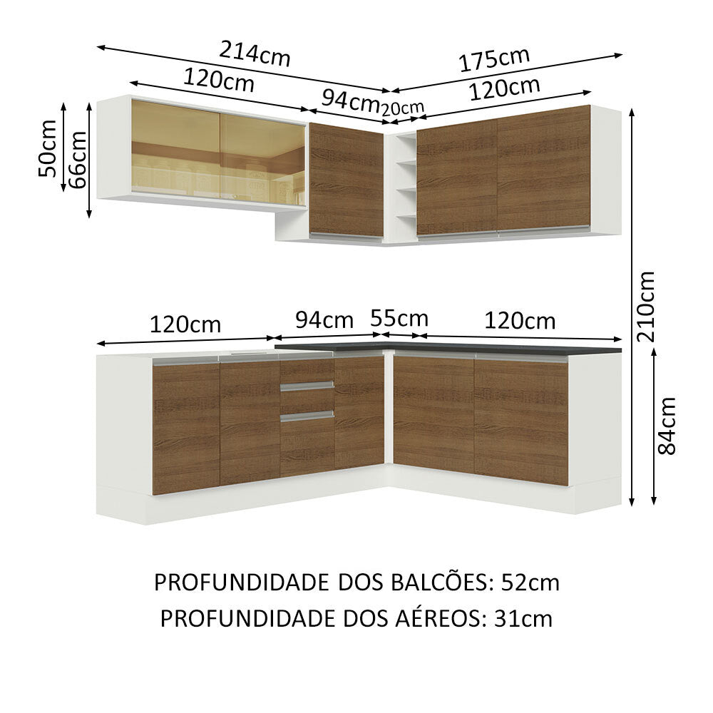 Armário de Cozinha Completa de Canto 100% MDF 389cm Branco/Rustic Acordes Madesa 02