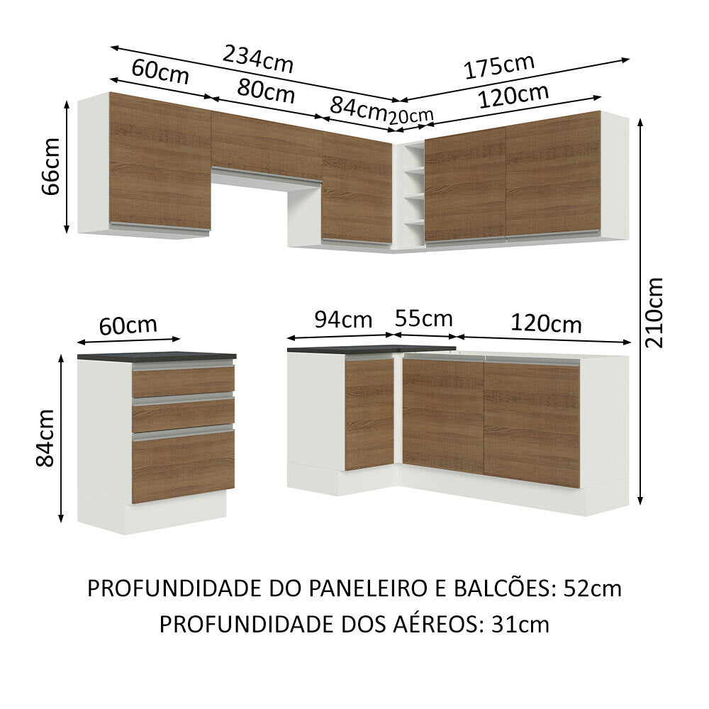 Armário de Cozinha Completa de Canto 100% MDF 409cm Branco/Rustic Acordes Madesa 01