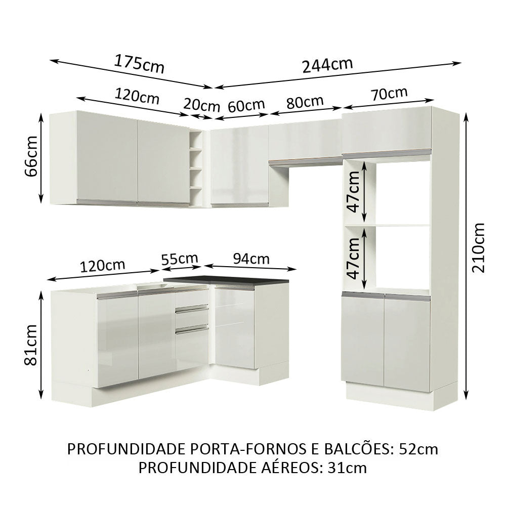 Armário de Cozinha Completa de Canto 100% MDF 419cm Frentes Branco Brilho Acordes Madesa 01