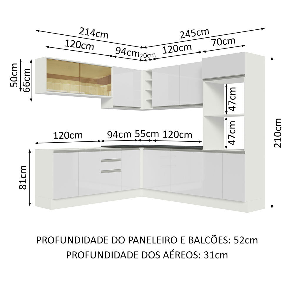 Armário de Cozinha Completa de Canto 100% MDF 459cm Frentes Branco Brilho Acordes Madesa 01