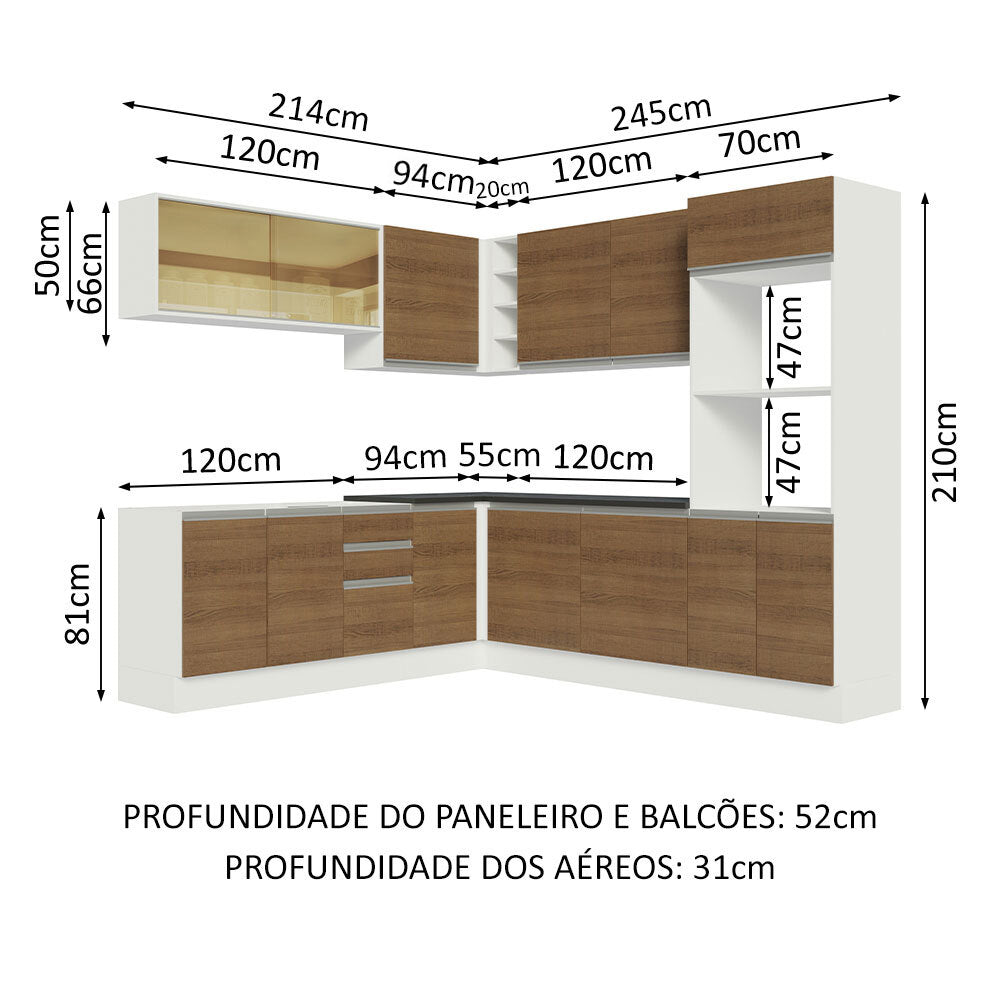 Armário de Cozinha Completa de Canto 100% MDF 459cm Branco/Rustic Acordes Madesa 01