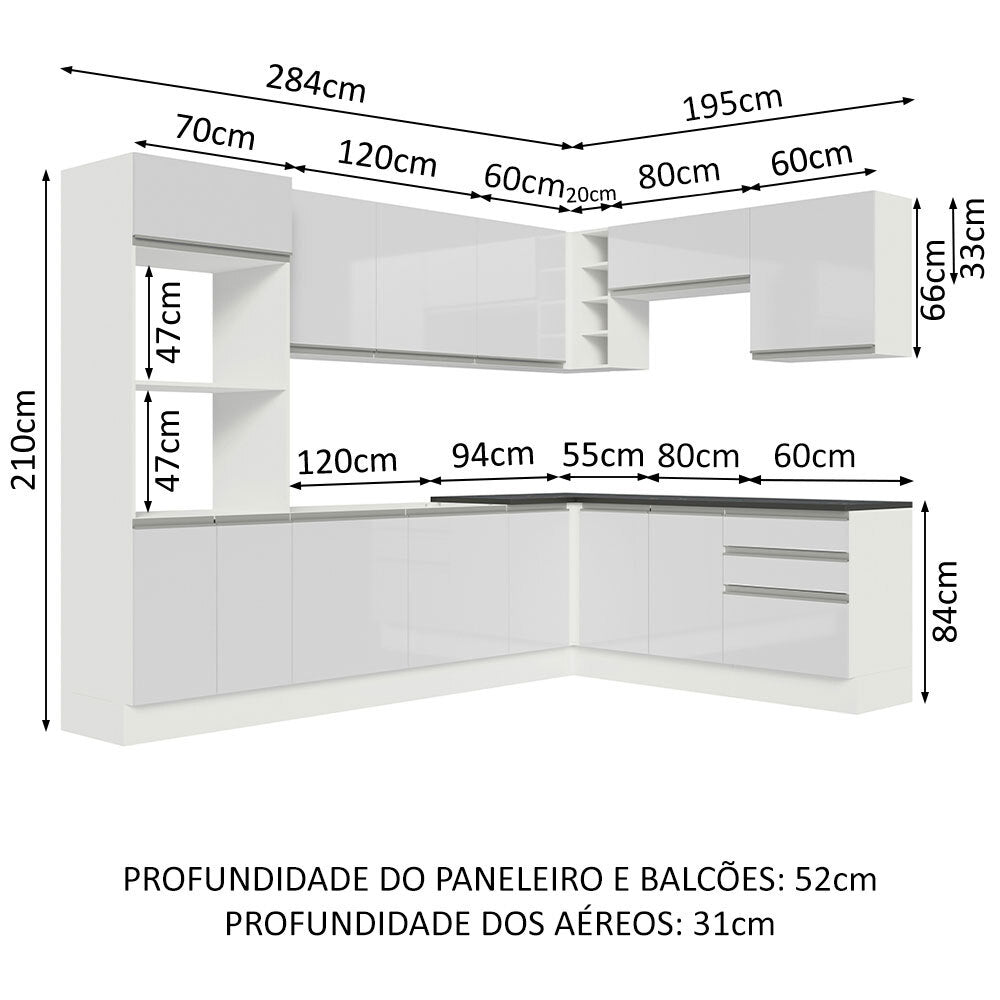 Armário de Cozinha Completa de Canto 100% MDF 479cm Frentes Branco Brilho Acordes Madesa 03