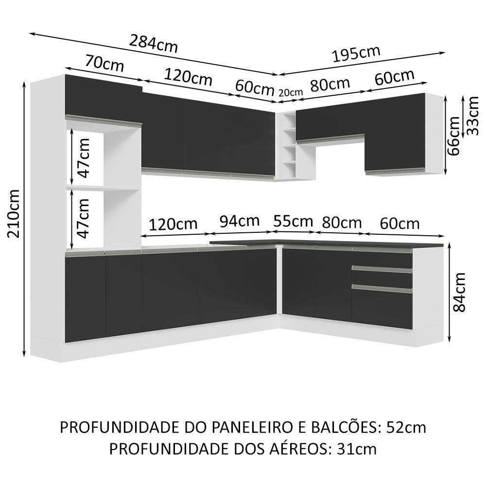 Armário de Cozinha Completa de Canto 100% MDF 479cm Branco/Preto Acordes Madesa 03