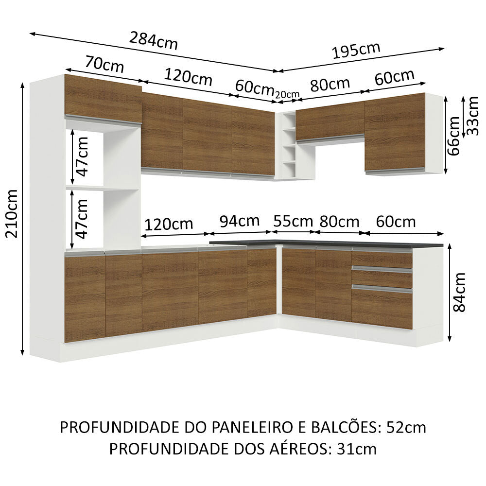 Armário de Cozinha Completa de Canto 100% MDF 479cm Branco/Rustic Acordes Madesa 03