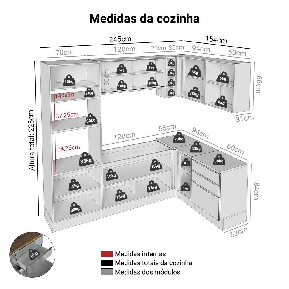 Armário de Cozinha Completa de Canto 399 cm Rustic/Cinza Lux Madesa 01