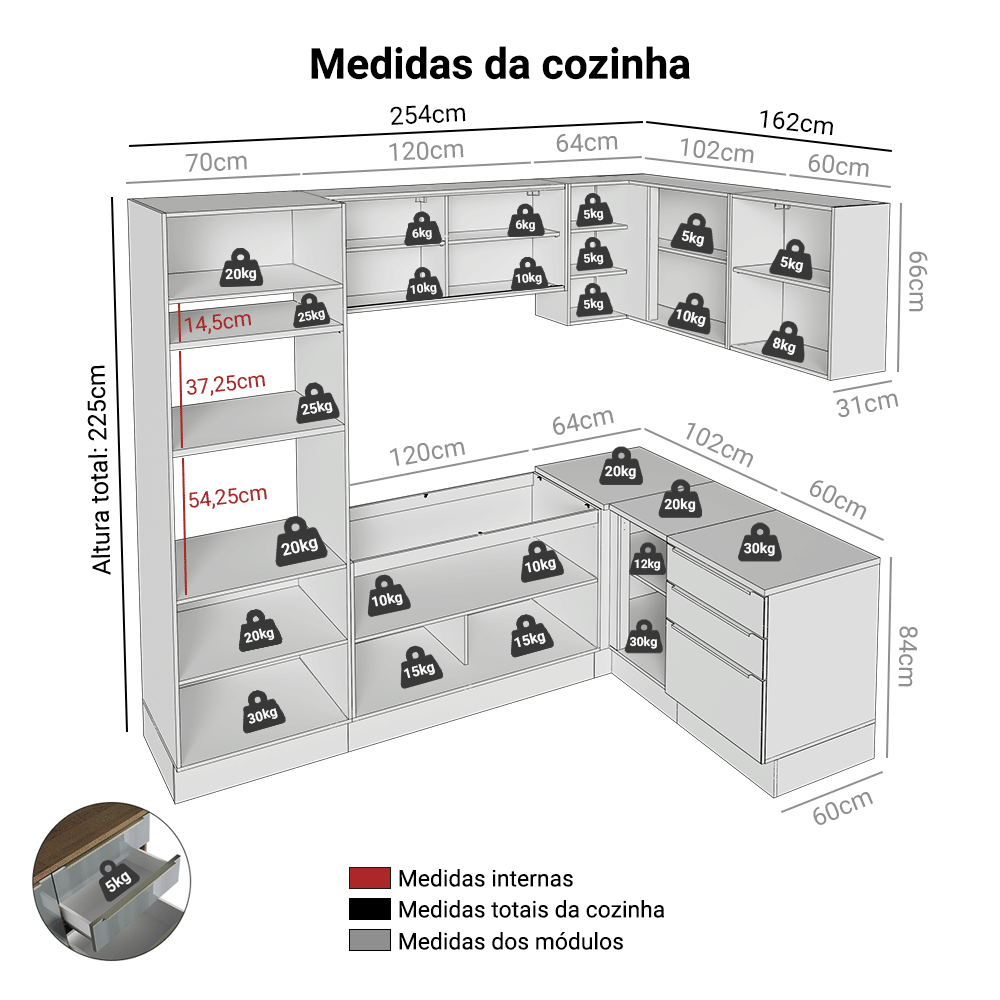 Armário de Cozinha Completa de Canto 416 x 60 cm Rustic/Cinza Lux Madesa 01