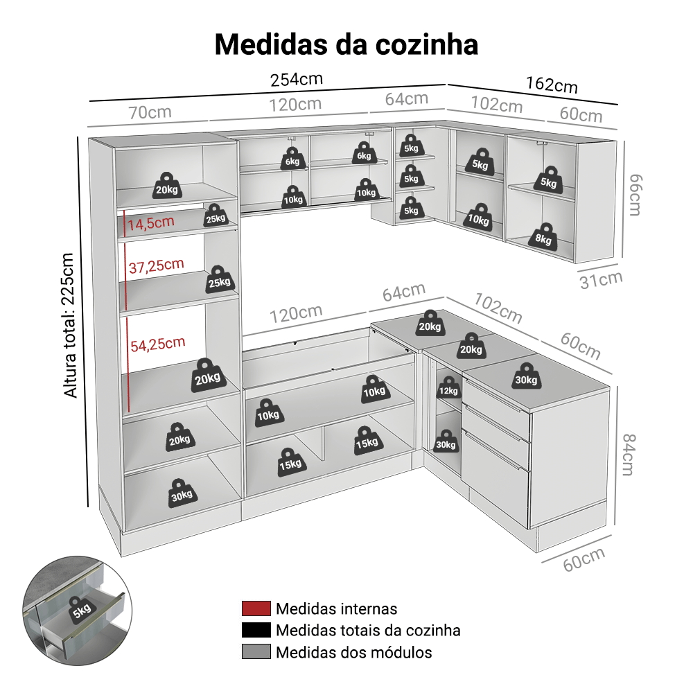 Armário de Cozinha Completa de Canto 416 x 60 cm Branco/Cinza Lux Madesa 01