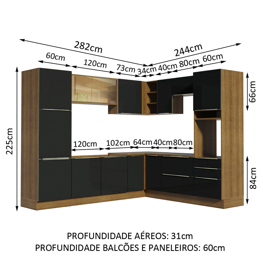 Armário de Cozinha Completa de Canto 526 x 60 cm Rustic/Preto Lux Madesa 01
