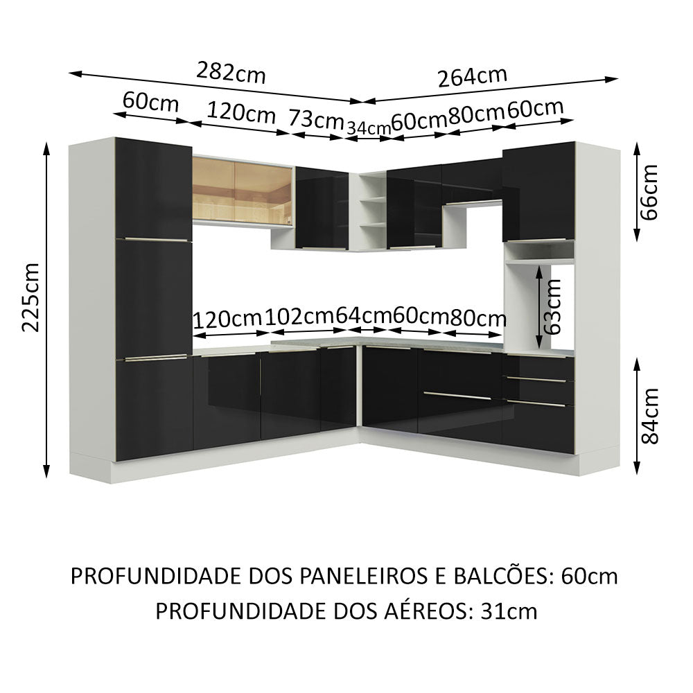 Armário de Cozinha Completa de Canto 546 x 60 cm Branco/Preto Lux Madesa 01