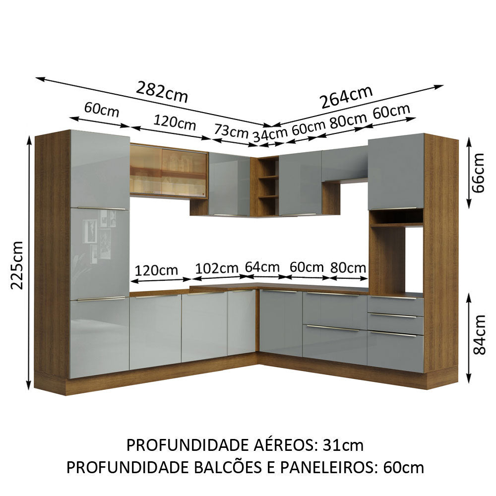 Armário de Cozinha Completa de Canto 546 x 60 cm Rustic/Cinza Lux Madesa 01