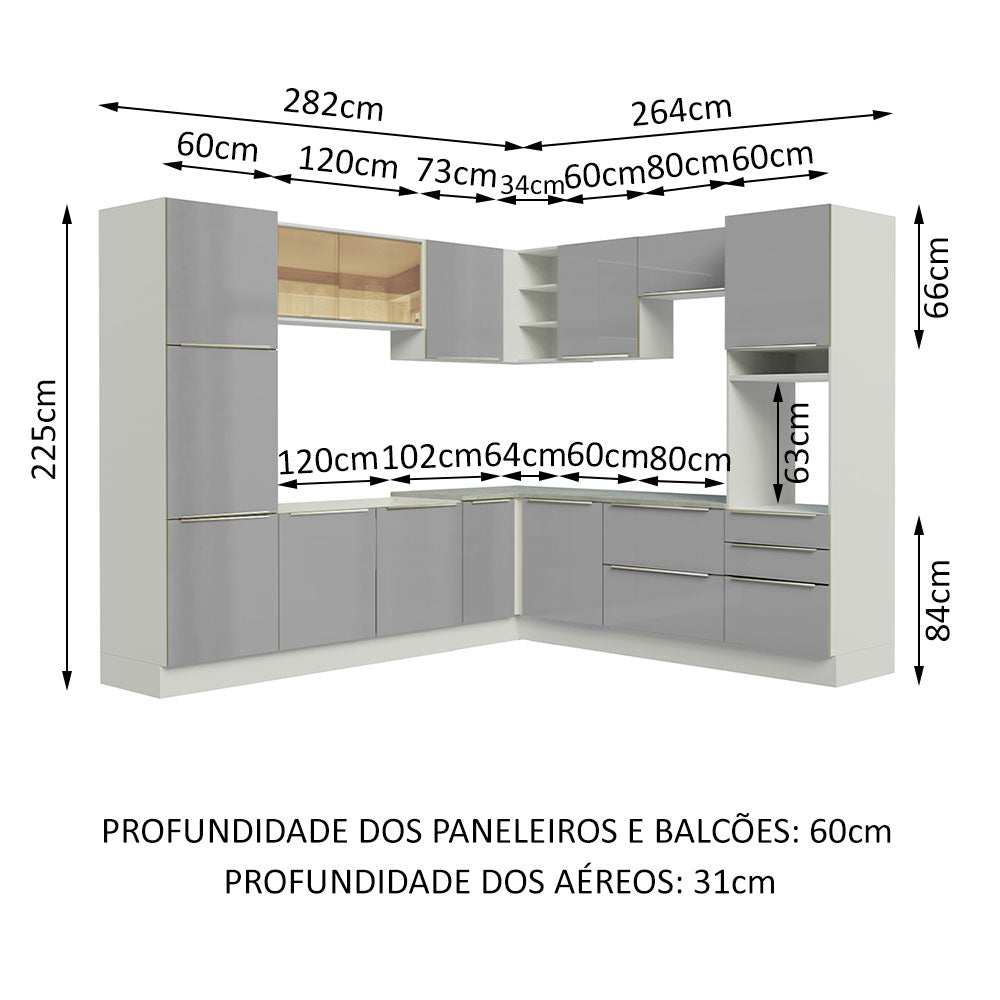 Armário de Cozinha Completa de Canto 546 x 60 cm Branco/Cinza Lux Madesa 01