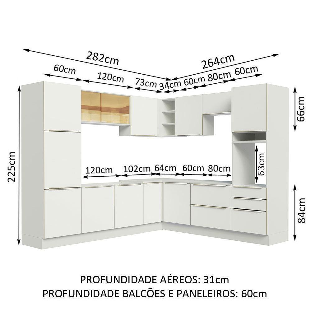 Armário de Cozinha Completa de Canto 546 x 60 cm Branco/Branco Veludo Lux Madesa 01