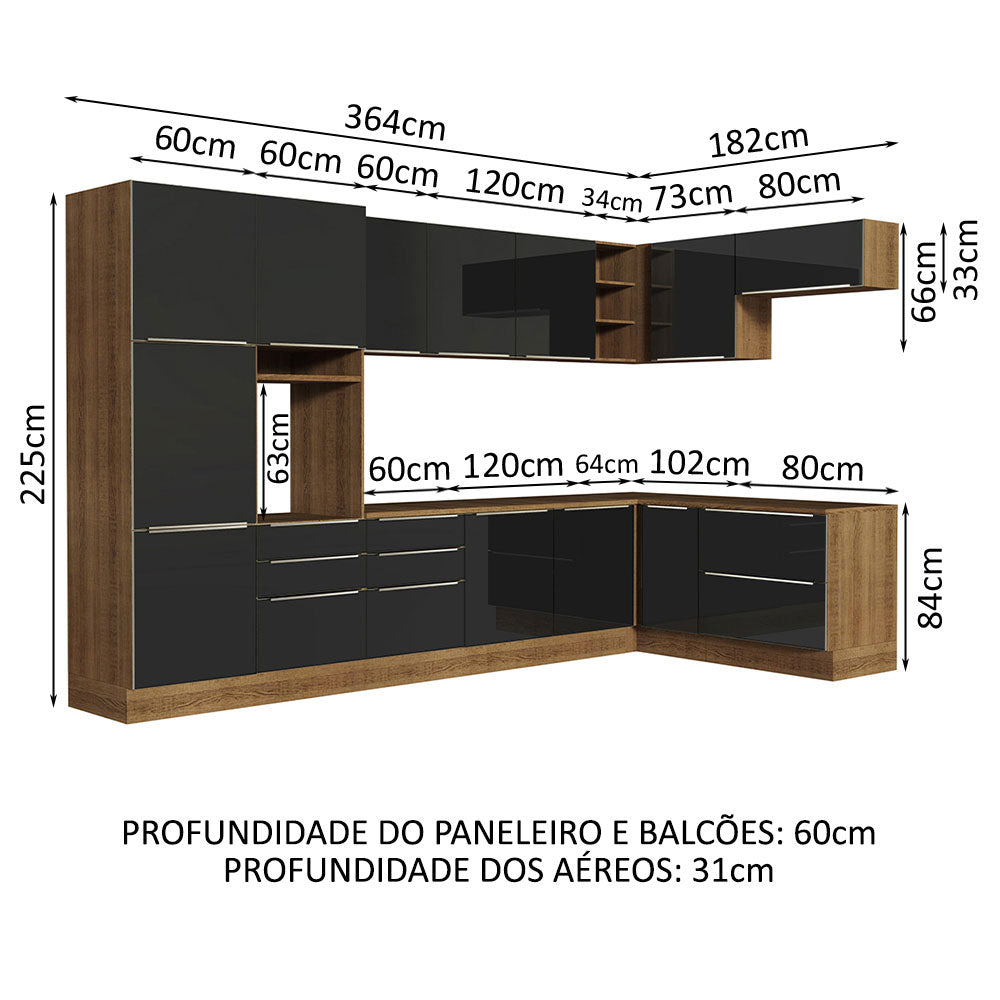 Armário de Cozinha Completa de Canto 546cm Rustic/Preto Lux Madesa 05