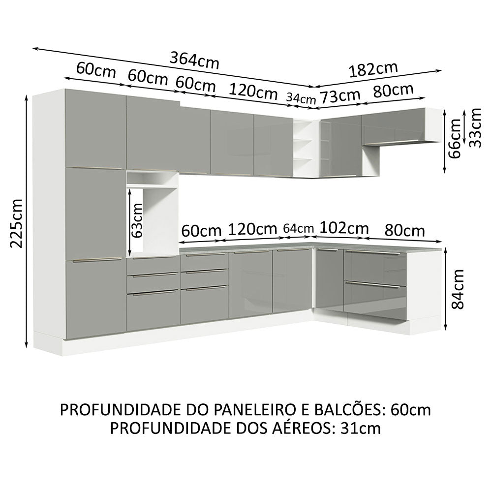 Armário de Cozinha Completa de Canto 546 x 60 cm Branco/Cinza Lux Madesa 05
